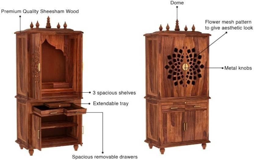 5.8 Feet Solid Sheesham Wood Temple for Home | Large Pooja Mandir with Storage Cabinet & 2 Drawers | Honey Finish