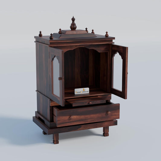 Solid Sheesham Wood Temple for Home with Glass Doors | Wooden Pooja Mandir with Drawer, Storage & Chouki | Walnut Finish