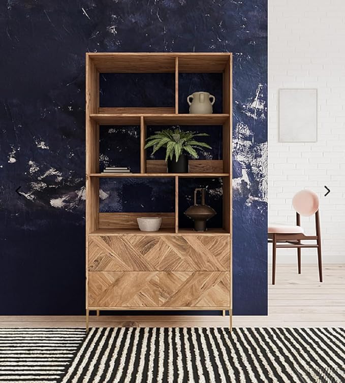 NESTHONEST Wooden Book Shelf for Living Room | Open Bookcases with 6 Shelf & 2 Doors Cabinet Storage | Display Unit for Home Furniture | Solid Wood Mango & Iron, Natural & Golden Finish