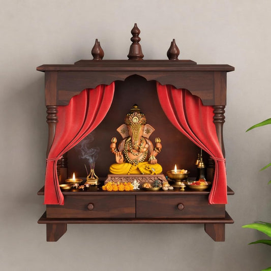 Wall Mounted Wooden Temple for Home | Solid Sheesham Wood Pooja Mandir with 2 Drawers | Walnut Finish