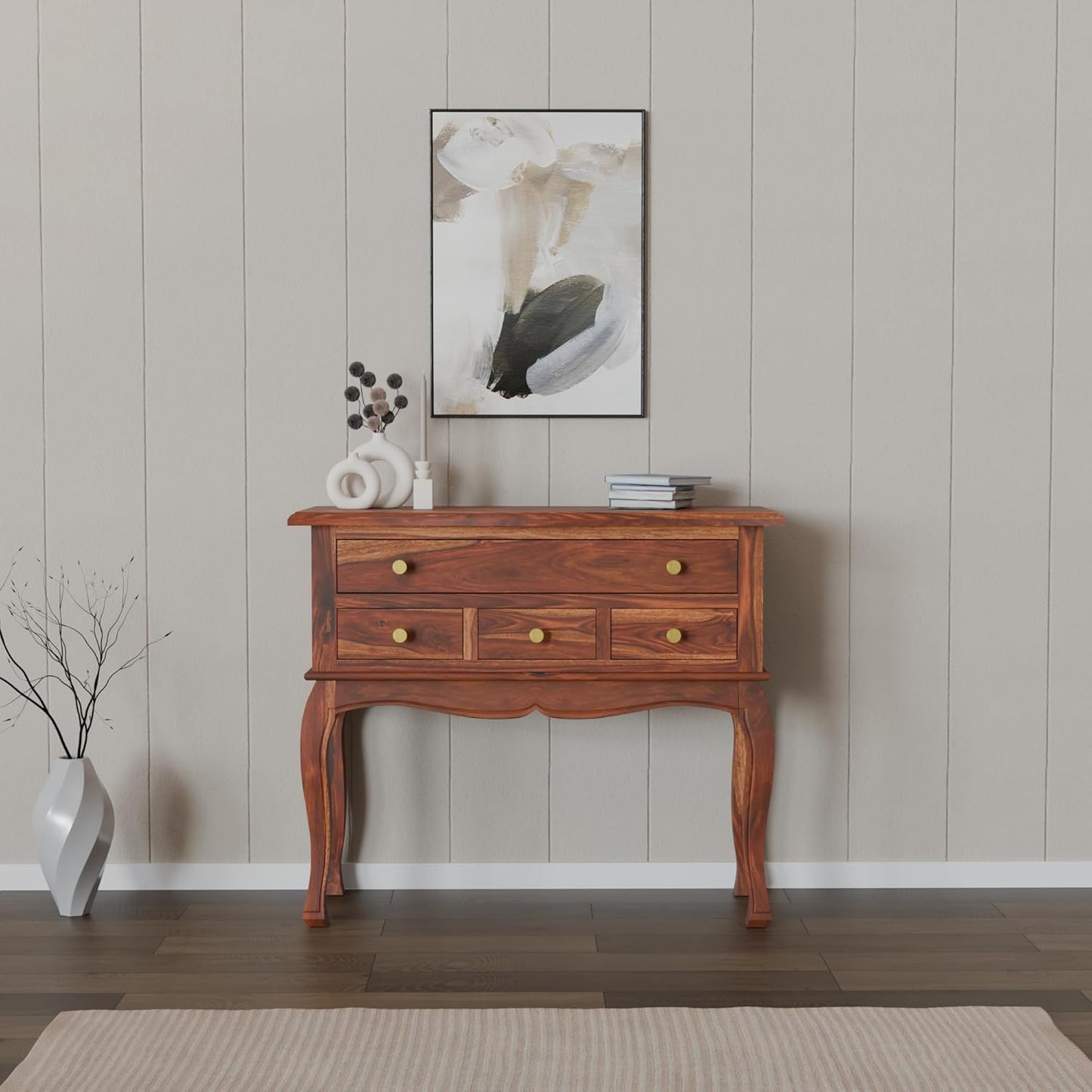 Nest Honest Wooden Console Table for Living Room | Solid Wood Side Entrance Table for Home with 4 Drawers & Shelf Storage (Natural Finish)