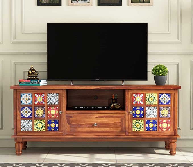 Nest Honest Solid sheesham Wood tv Unit 1 Drawer 2 Door Cabinet Natural Teak Finish Colour Brown