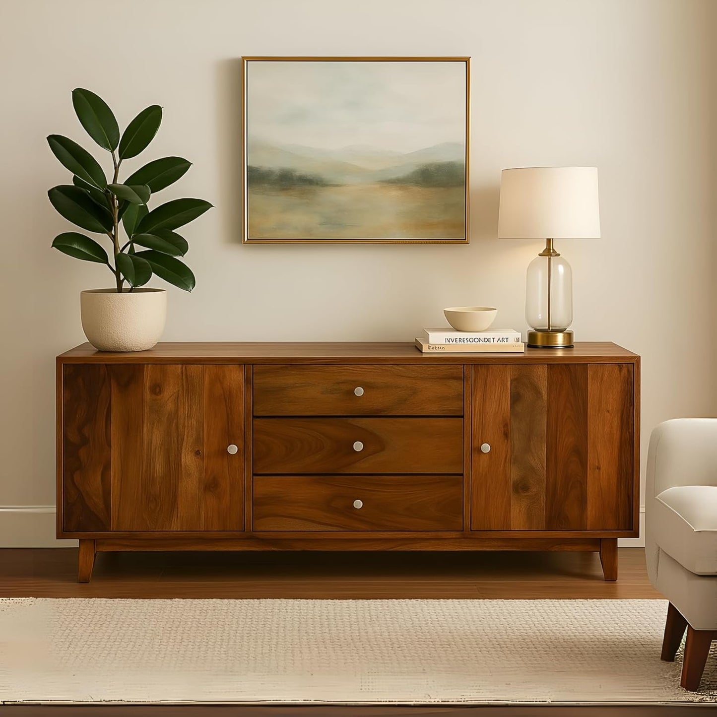 Nest Honest Solid Sheesham Wood Sideboard Tv Cabinet for Living Room | Free Standing Movable Tv Unit Side Board Table with 3 Drawer & 2 Cabinet Storage Furniture for Home | Teak Finish