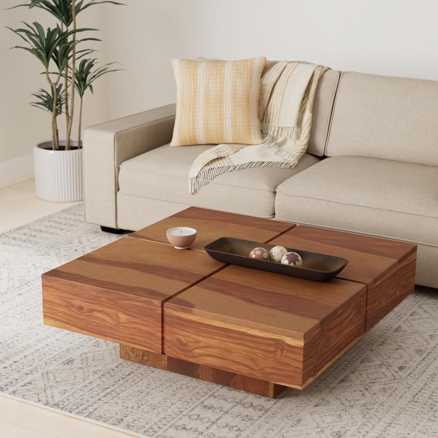 Nest honest Solid Wood Centre Table for Living Room | Premium Coffee Table for Home | Natural Teak Finish | SHEESHAM Wood | Box Frame Coffee Table