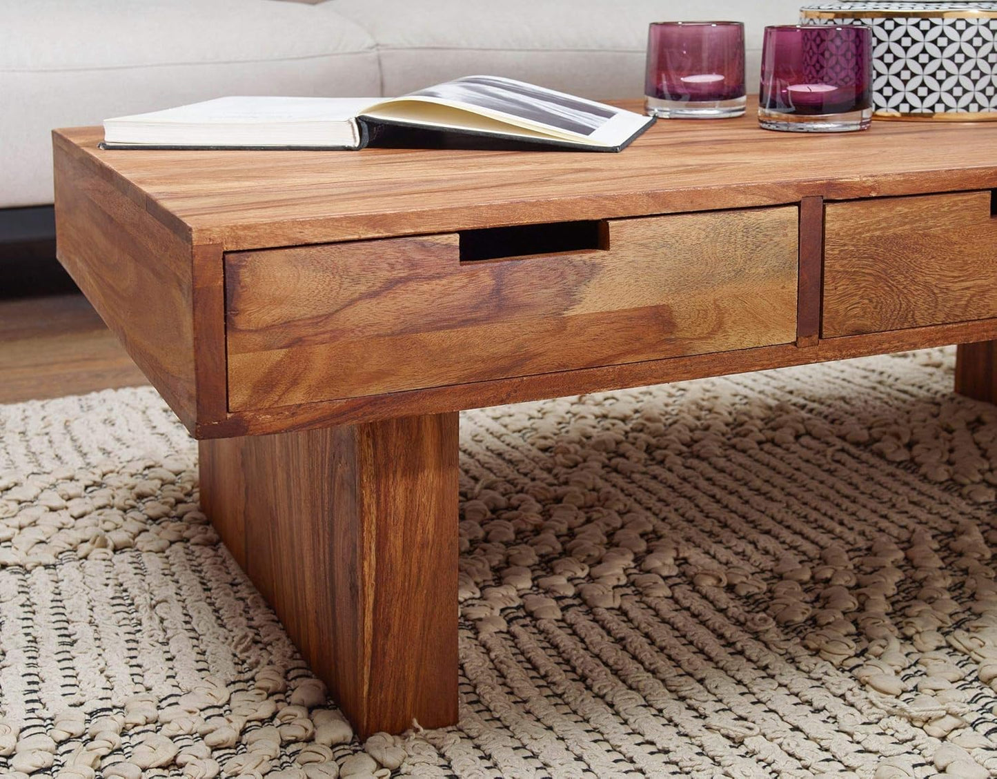 Nest Honest Wooden Centre/Center Table for Living Room | Rectangle Design, 3 Drawer | Solid Wood Sheesham, Natural