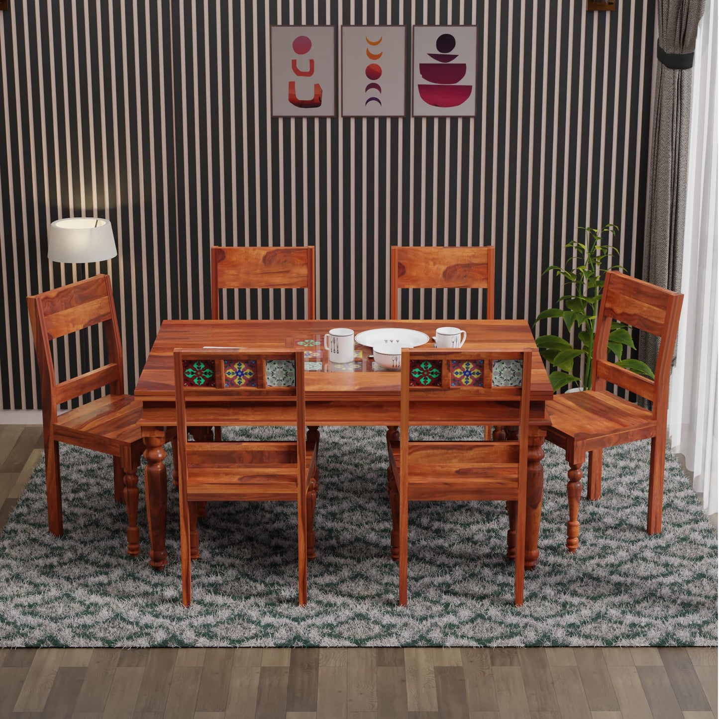 NESTHONEST Wooden 6 Seater Dining Table Set with Tile Work | Six Seater Dinning Table with 4 Chairs & 1 Bench | Dining Room Furniture for Home, Kitchen & Restaurant | Solid Wood Sheesham, Honey Finish