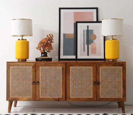 Wooden Sideboard Cabinet for Living Room, Drawing Room, Office & Lounge | Material: Mango Solid Wood, Cane | Storage Type: 4 Doors | Finish: Natural Finish