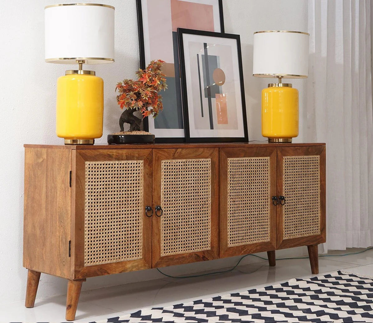 Wooden Sideboard Cabinet for Living Room, Drawing Room, Office & Lounge | Material: Mango Solid Wood, Cane | Storage Type: 4 Doors | Finish: Natural Finish