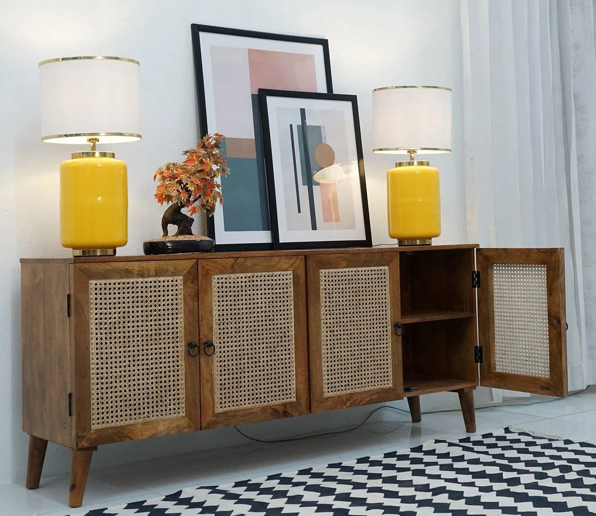 Wooden Sideboard Cabinet for Living Room, Drawing Room, Office & Lounge | Material: Mango Solid Wood, Cane | Storage Type: 4 Doors | Finish: Natural Finish