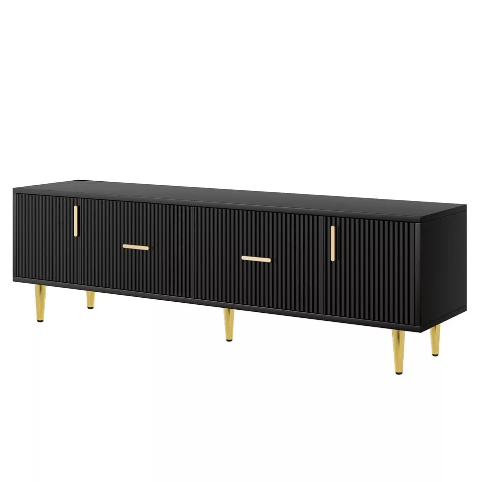 Wooden Entertainment TV Unit Solid Wood Sheesham Iron Black Golden for Living Room