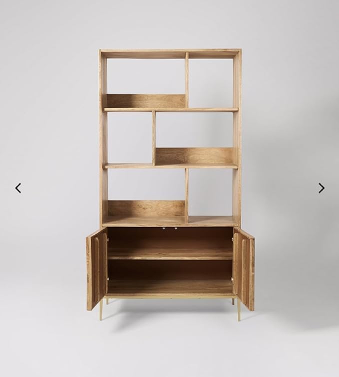 NESTHONEST Wooden Book Shelf for Living Room | Open Bookcases with 6 Shelf & 2 Doors Cabinet Storage | Display Unit for Home Furniture | Solid Wood Mango & Iron, Natural & Golden Finish