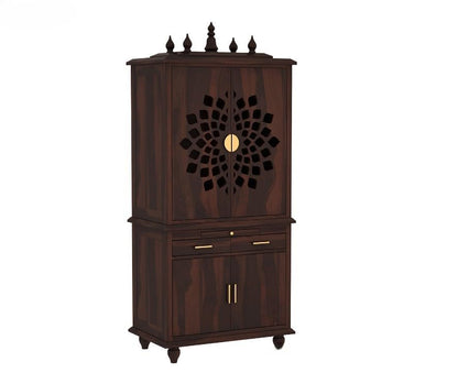 Solid Sheesham Wood Temple for Home 5.8 Feet | Large Pooja Mandir with Storage Cabinet & 2 Drawers | Walnut Finish