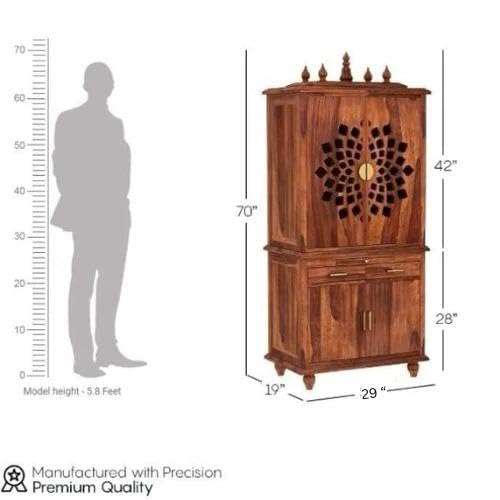 5.8 Feet Solid Sheesham Wood Temple for Home | Large Pooja Mandir with Storage Cabinet & 2 Drawers | Honey Finish