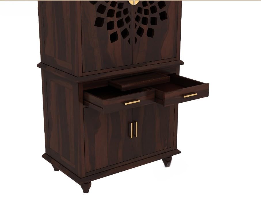 Solid Sheesham Wood Temple for Home 5.8 Feet | Large Pooja Mandir with Storage Cabinet & 2 Drawers | Walnut Finish