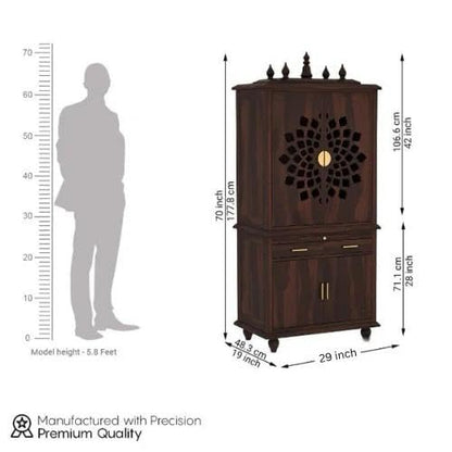Solid Sheesham Wood Temple for Home 5.8 Feet | Large Pooja Mandir with Storage Cabinet & 2 Drawers | Walnut Finish