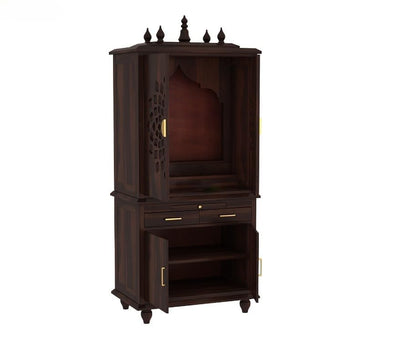 Solid Sheesham Wood Temple for Home 5.8 Feet | Large Pooja Mandir with Storage Cabinet & 2 Drawers | Walnut Finish