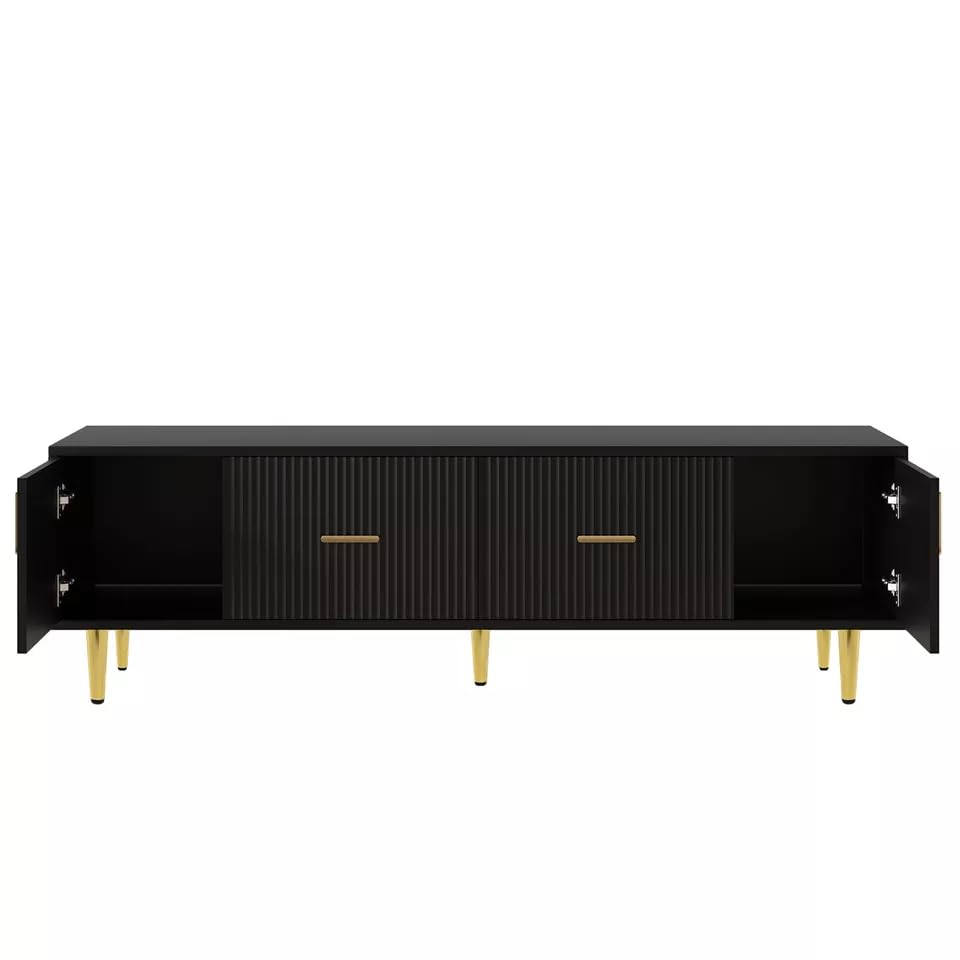 Wooden Entertainment TV Unit Solid Wood Sheesham Iron Black Golden for Living Room