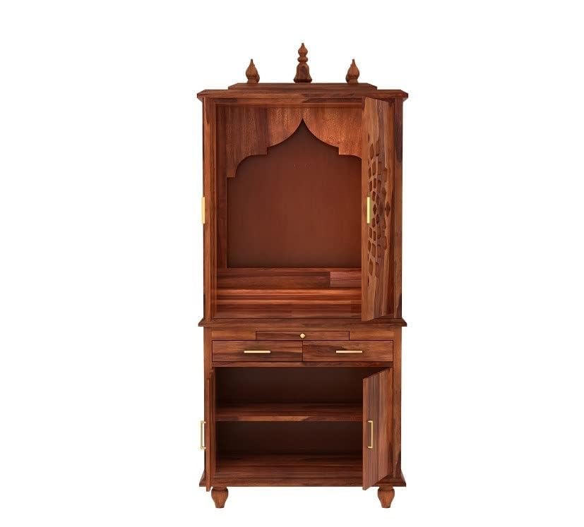 5.8 Feet Solid Sheesham Wood Temple for Home | Large Pooja Mandir with Storage Cabinet & 2 Drawers | Honey Finish