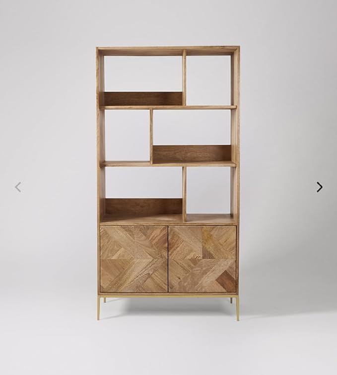 NESTHONEST Wooden Book Shelf for Living Room | Open Bookcases with 6 Shelf & 2 Doors Cabinet Storage | Display Unit for Home Furniture | Solid Wood Mango & Iron, Natural & Golden Finish