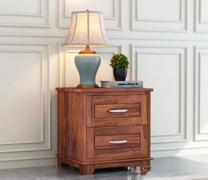 NESTHONEST Solid Sheesham Wood Bedside Table for Bedroom | Wooden Bed Side Nightstand End Table with 2 Drawers Storage for Home | Side Table for Bed Room & Hotel | Honey Finish