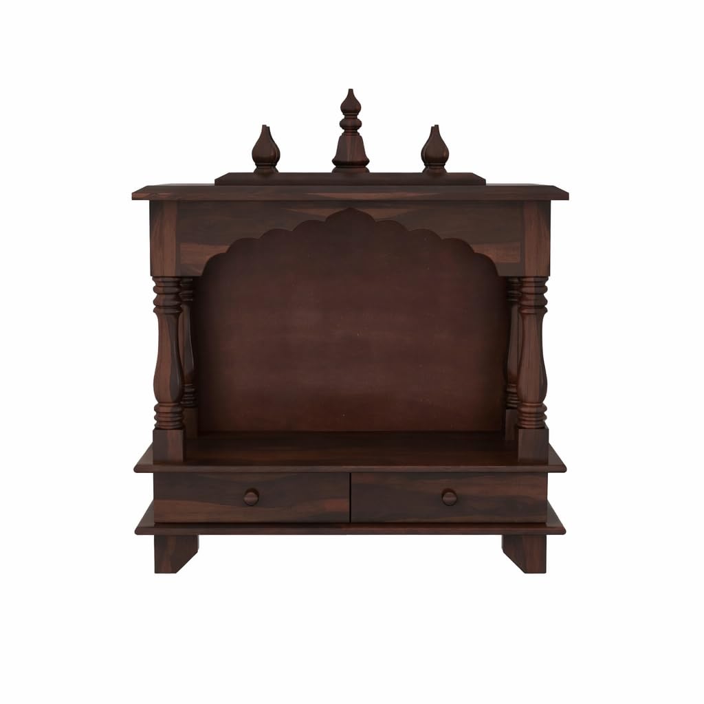 Wall Mounted Wooden Temple for Home | Solid Sheesham Wood Pooja Mandir with 2 Drawers | Walnut Finish