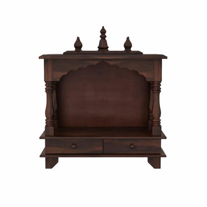 Wall Mounted Wooden Temple for Home | Solid Sheesham Wood Pooja Mandir with 2 Drawers | Walnut Finish