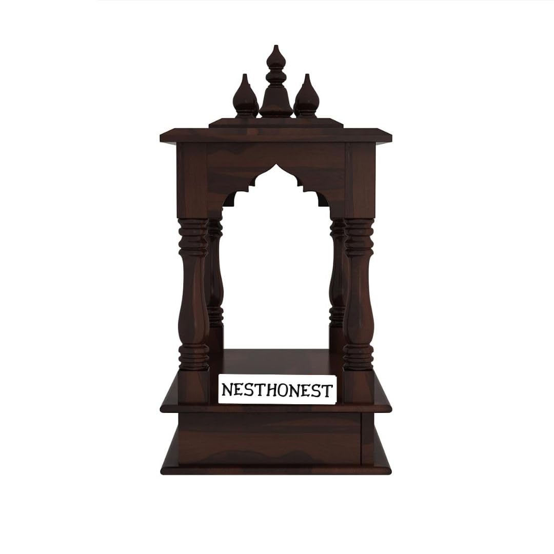 Wall Mounted Solid Sheesham Wood Temple for Home with 1 Drawer | Wooden Pooja Mandir | Walnut Finish