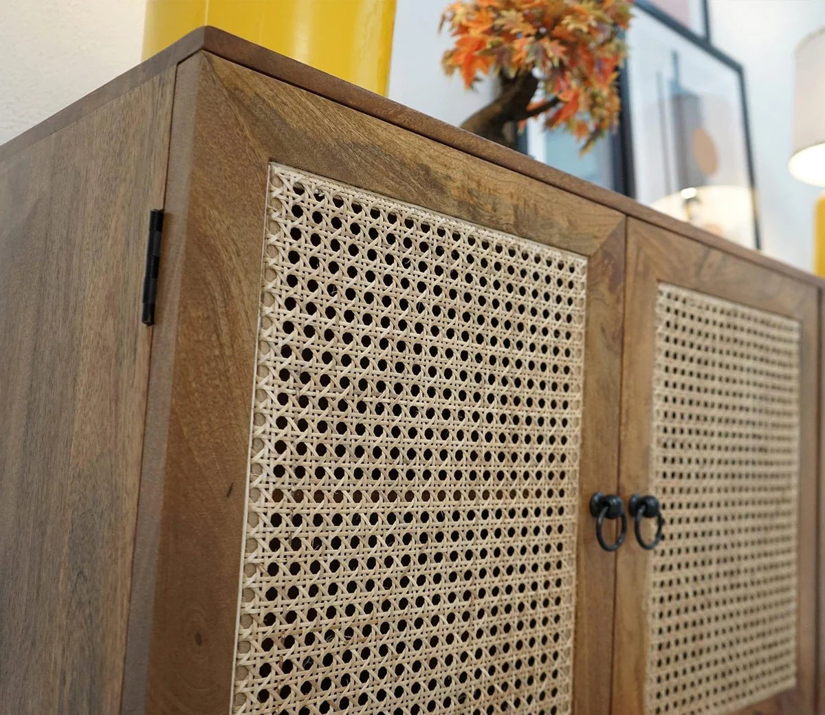Wooden Sideboard Cabinet for Living Room, Drawing Room, Office & Lounge | Material: Mango Solid Wood, Cane | Storage Type: 4 Doors | Finish: Natural Finish