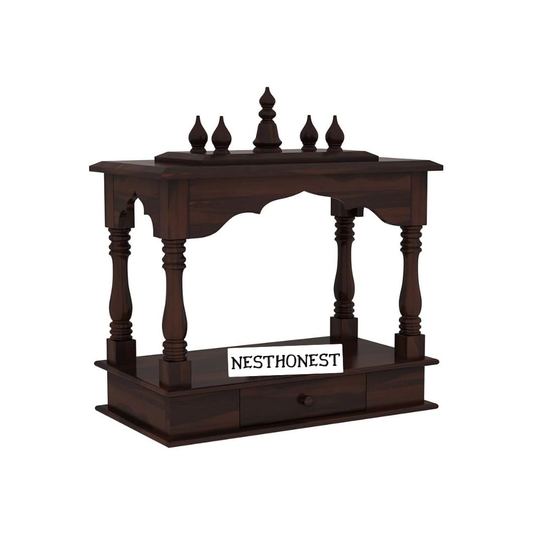 Wall Mounted Solid Sheesham Wood Temple for Home with 1 Drawer | Wooden Pooja Mandir | Walnut Finish
