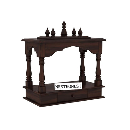 Wall Mounted Solid Sheesham Wood Temple for Home with 1 Drawer | Wooden Pooja Mandir | Walnut Finish