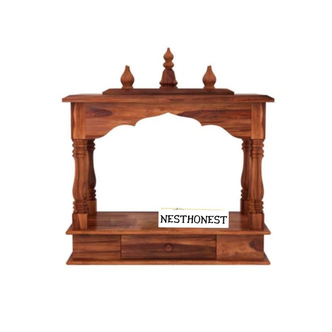 Wall Mounted Solid Sheesham Wood Temple for Home with 1 Drawer | Wooden Pooja Mandir | Honey Finish