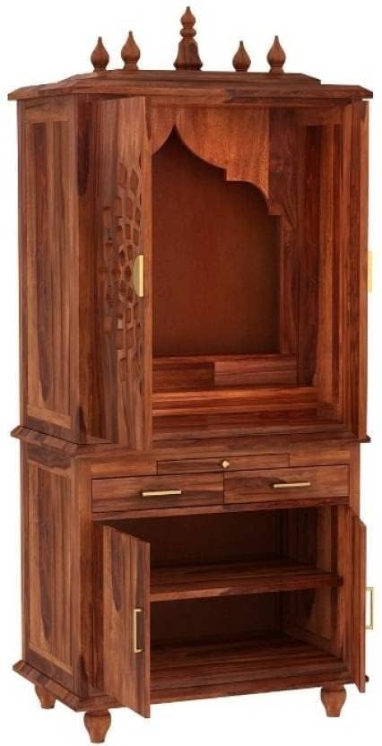 5.8 Feet Solid Sheesham Wood Temple for Home | Large Pooja Mandir with Storage Cabinet & 2 Drawers | Honey Finish