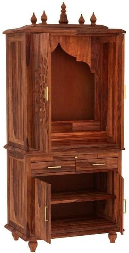 5.8 Feet Solid Sheesham Wood Temple for Home | Large Pooja Mandir with Storage Cabinet & 2 Drawers | Honey Finish