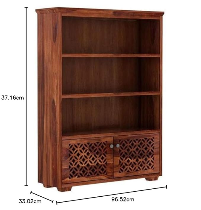 NESTHONEST Wooden Book Shelf for Living Room | Open Bookcases with 3 Shelf & 2 Doors Cabinet Storage | Display Unit for Home Furniture | Solid Wood Sheesham, Honey Oak