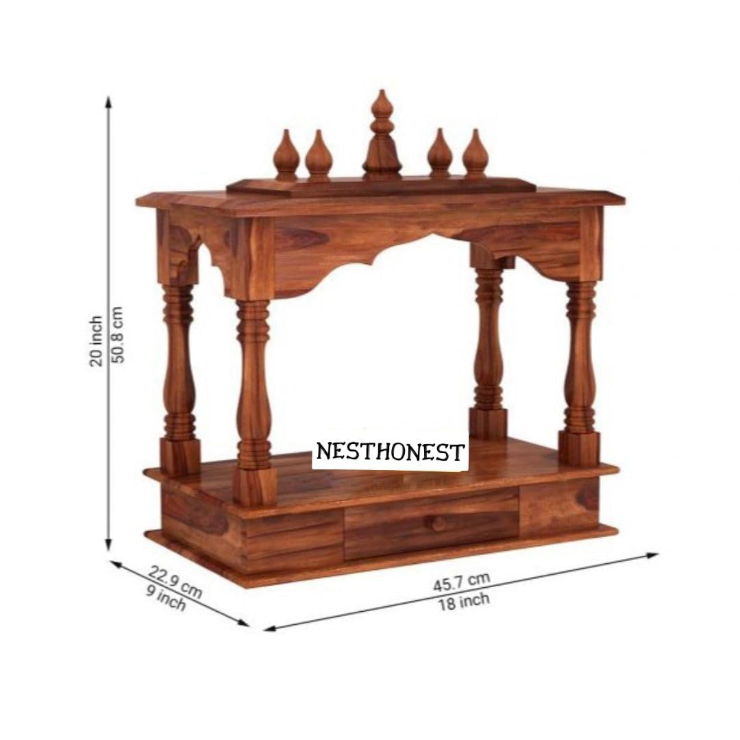 Wall Mounted Solid Sheesham Wood Temple for Home with 1 Drawer | Wooden Pooja Mandir | Honey Finish