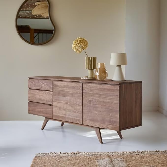 NESTHONEST Solid Sheesham Wood Sideboard Cabinet for Living Room | Wooden Side Board with 3 Drawers & 2 Doors Cabinet Storage for Dining, Drawing and Home Office | Natural Finish