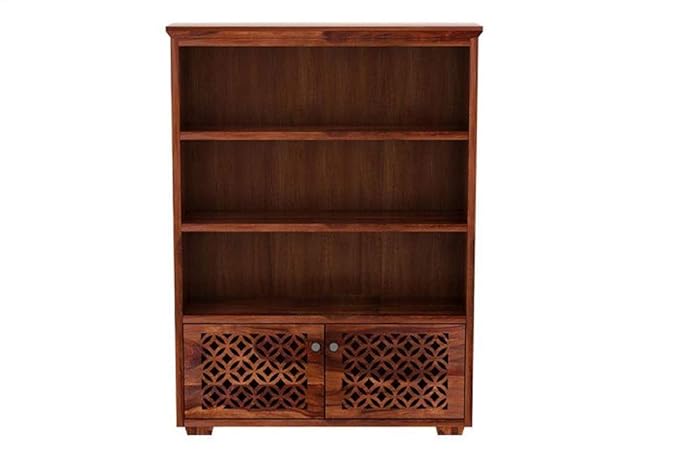 NESTHONEST Wooden Book Shelf for Living Room | Open Bookcases with 3 Shelf & 2 Doors Cabinet Storage | Display Unit for Home Furniture | Solid Wood Sheesham, Honey Oak