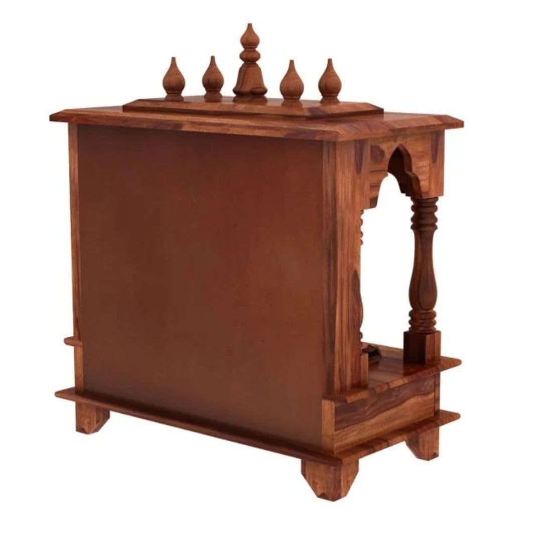 Wall Mounted Solid Sheesham Wood Temple for Home with 2 Drawers | Wooden Pooja Mandir | Honey Finish