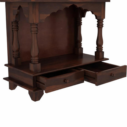 Wall Mounted Wooden Temple for Home | Solid Sheesham Wood Pooja Mandir with 2 Drawers | Walnut Finish