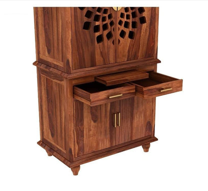 5.8 Feet Solid Sheesham Wood Temple for Home | Large Pooja Mandir with Storage Cabinet & 2 Drawers | Honey Finish