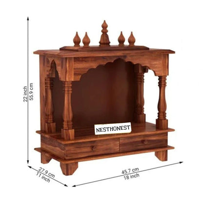 Wall Mounted Solid Sheesham Wood Temple for Home with 2 Drawers | Wooden Pooja Mandir | Honey Finish