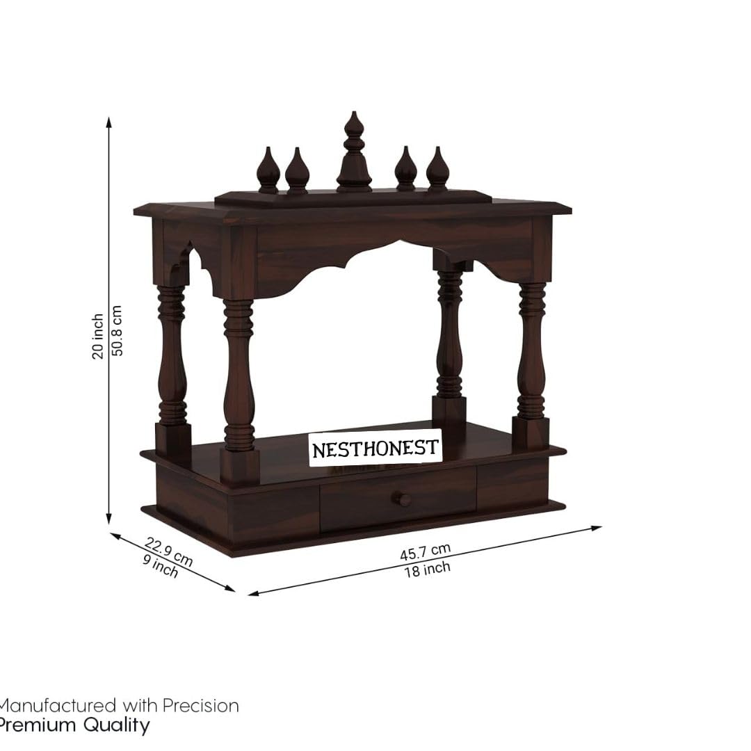 Wall Mounted Solid Sheesham Wood Temple for Home with 1 Drawer | Wooden Pooja Mandir | Walnut Finish