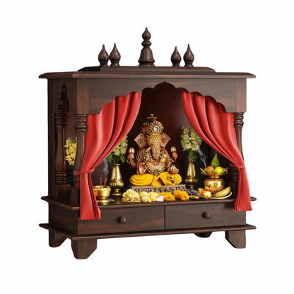 Wall Mounted Wooden Temple for Home | Solid Sheesham Wood Pooja Mandir with 2 Drawers | Walnut Finish