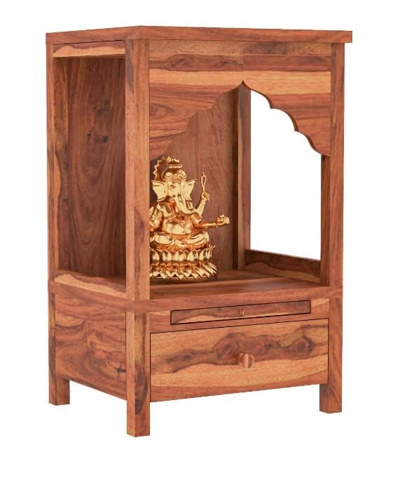 NESTHONEST 2 Feet Wooden Temple for Home | Pooja Mandir, Puja Ghar Mandap with 1 Drawer Storage & Dhoop Batti Slider Stand | Solid Wood Sheesham, Honey Oak