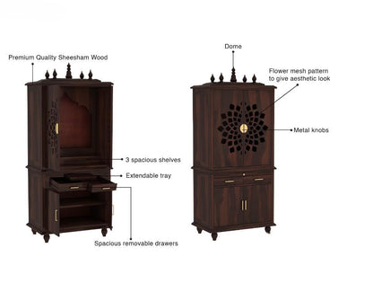 Solid Sheesham Wood Temple for Home 5.8 Feet | Large Pooja Mandir with Storage Cabinet & 2 Drawers | Walnut Finish