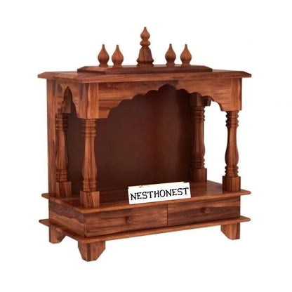 Wall Mounted Solid Sheesham Wood Temple for Home with 2 Drawers | Wooden Pooja Mandir | Honey Finish