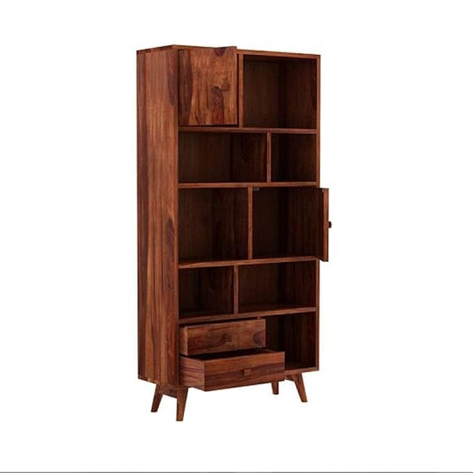 NESTHONEST Wooden Book Shelf for Living Room | Open Bookcases with 7 Shelf, 2 Drawers & 2 Doors Cabinet Storage | Display Unit for Home Furniture | Solid Wood Sheesham, Honey Oak
