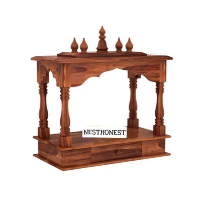 Wall Mounted Solid Sheesham Wood Temple for Home with 1 Drawer | Wooden Pooja Mandir | Honey Finish