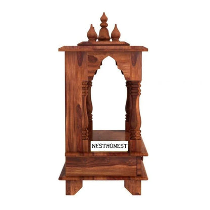 Wall Mounted Solid Sheesham Wood Temple for Home with 2 Drawers | Wooden Pooja Mandir | Honey Finish