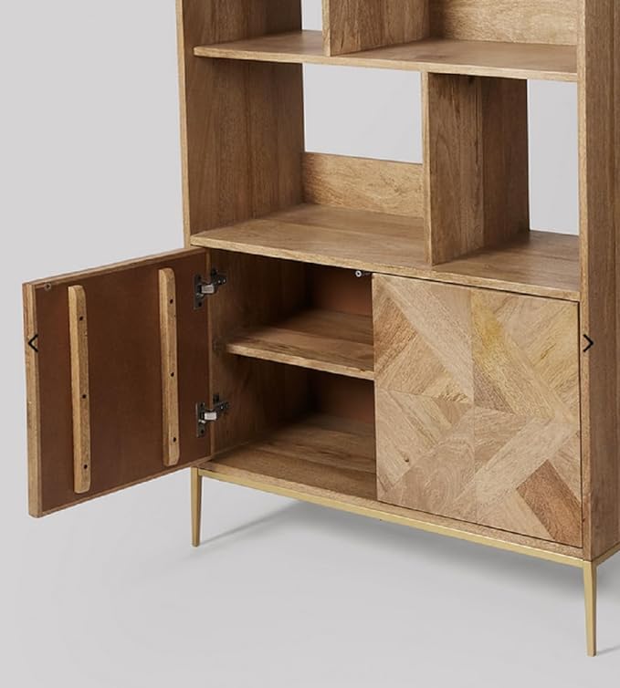 NESTHONEST Wooden Book Shelf for Living Room | Open Bookcases with 6 Shelf & 2 Doors Cabinet Storage | Display Unit for Home Furniture | Solid Wood Mango & Iron, Natural & Golden Finish